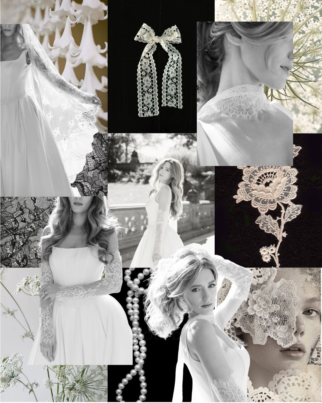Rhapsody in Lace inspiration board — a collage of lace, pearls, and romantic bridal details