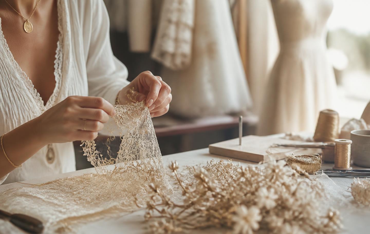 Artisan hands working with delicate lace in a sunlit studio